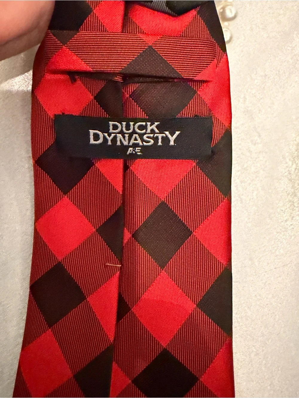 Women’s  Red and Black Plaid Necktie with Gray Floral Accent